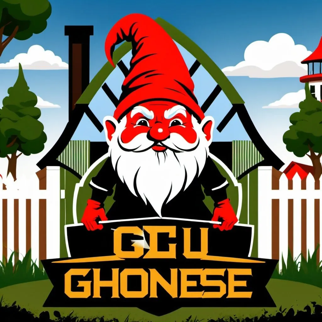 Prompt: Design an innovative military logo for a gnome home defense system incorporating relevant imagery of weaponized garden gnomes in front of a home's yard.