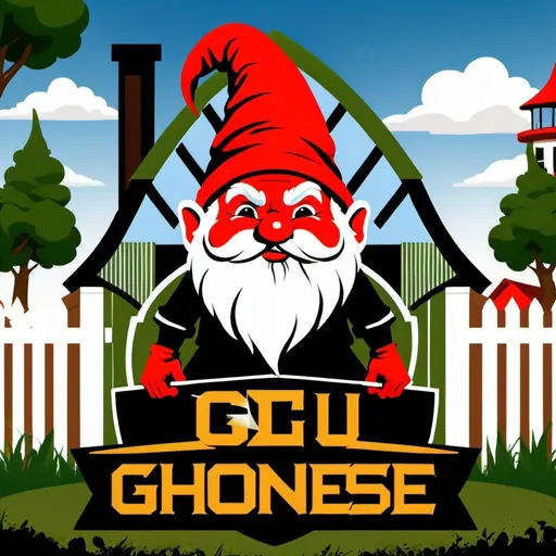 Prompt: Design an innovative military logo for a gnome home defense system incorporating relevant imagery of weaponized garden gnomes in front of a home's yard.