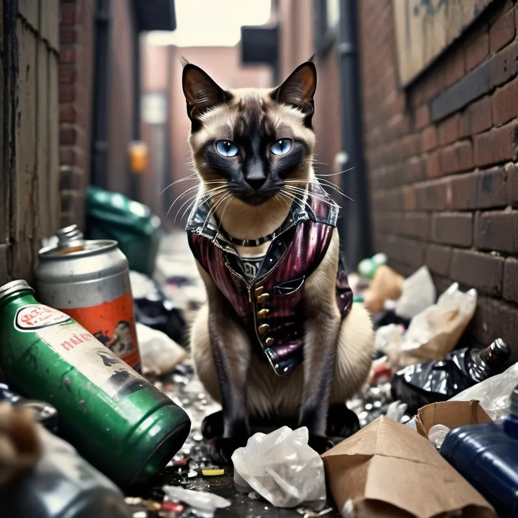 Prompt: Siamese cat in vintage punk vest digging through garbage, moody atmosphere, HD, professional quality, urban alleyway setting, beer bottles, detailed fur with rugged reflections, intense and focused gaze, urban punk, gloomy, highres, atmospheric lighting, distressed urban, grunge