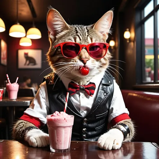 Prompt: A tabby cat in a punk vest and red sunglasses is sitting in a dark restaurant, and he is looking at his cherry milkshake. He has a cigarette in his mouth. HD, realistic, and unique. 