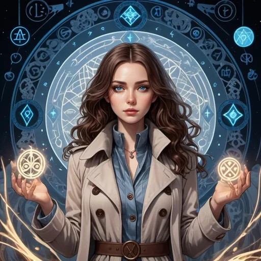Prompt: tarot card Anime illustration, slim woman with wavy chocolate brown hair, blue eyes, and a light grey trench coat surrounded by arcane symbols