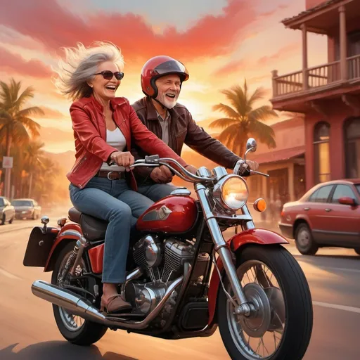 Prompt: (vibrant red motorcycle), (mature woman) confidently riding shotgun, (65-year-old man) as the driver, dynamic pose featuring wind-swept hair, both wearing stylish helmets, nostalgic sunset background casting warm hues, joy and freedom conveyed through expressions, details of the motorcycle highlighted, ultra-detailed, high-resolution, adventurous atmosphere, capturing a moment of shared thrill.