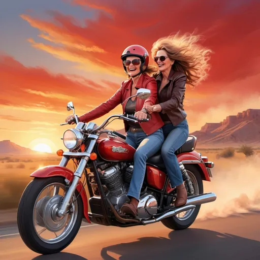 Prompt: (vibrant red motorcycle), (mature woman) confidently riding shotgun, (65-year-old man) as the driver, dynamic pose featuring wind-swept hair, both wearing stylish helmets, nostalgic sunset background casting warm hues, joy and freedom conveyed through expressions, details of the motorcycle highlighted, ultra-detailed, high-resolution, adventurous atmosphere, capturing a moment of shared thrill.