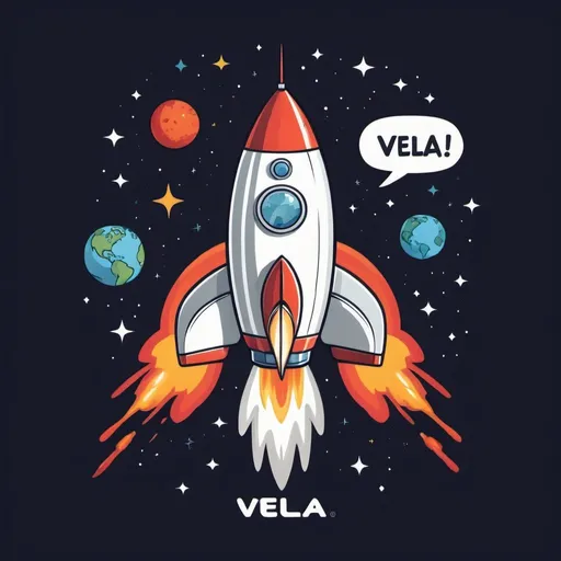 Prompt: Cartoon rocket with a slogan as "vela"