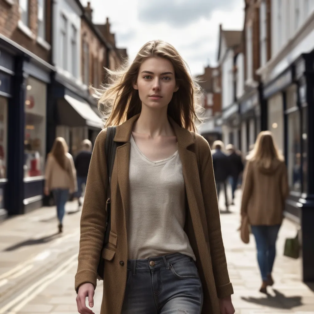 Prompt: Tall young woman walking down the high street, detailed clothing, realistic, natural lighting