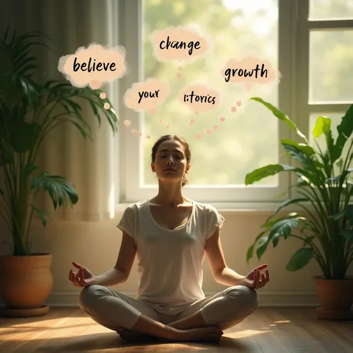 Prompt: A person meditating peacefully in a tranquil room, calm expression on their face, surrounded by ethereal thought bubbles with uplifting words like 'believe,' 'change,' 'growth.' The serene environment is adorned with flourishing green plants, soft, warm lighting cascading a gentle glow, inviting and relaxing ambiance, emphasize self-reflection, ultra-detailed, high resolution, serene color palette.