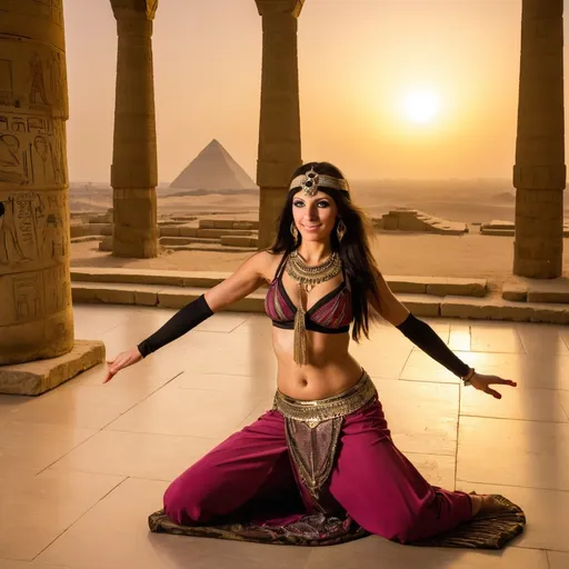 Prompt: giza plateau egypt sunset temple interior egypt bellydancer femaie