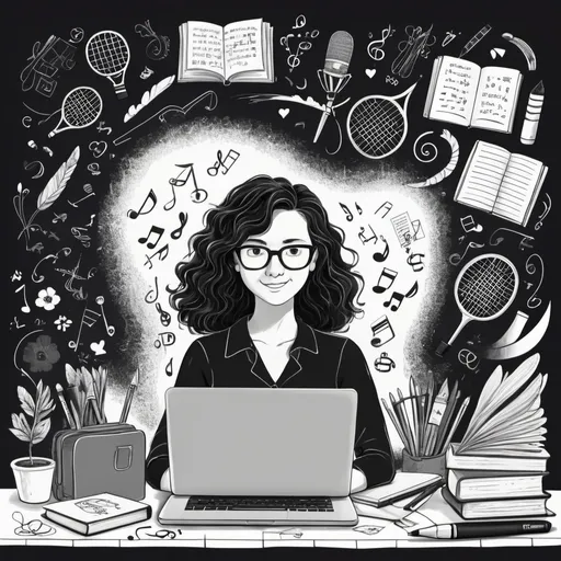 Prompt: (doodle of a teacher), central focus on a laptop, surrounded by teaching tools, (black wavy, less dense hair), vibrant illustrations of badminton equipment, musical notes, and books, warm and inviting ambiance, creative and playful details, enriching environment that reflects a love for travel, HD, modern artistic style.