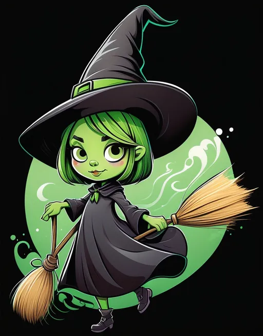 Prompt: cartoon character witch, Araceli Gilbert, broom and hat, vibrant green tones, pop surrealism style, whimsical and playful atmosphere, flat design, bold outlines, dynamic expressions, charming and mischievous look, high detail vector art, enchanting background elements.