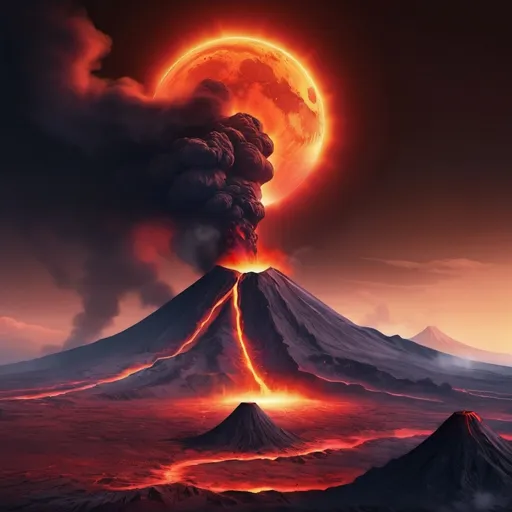 Prompt:  Two volcanoes under an Eclipse, vibrant digital painting concept art,