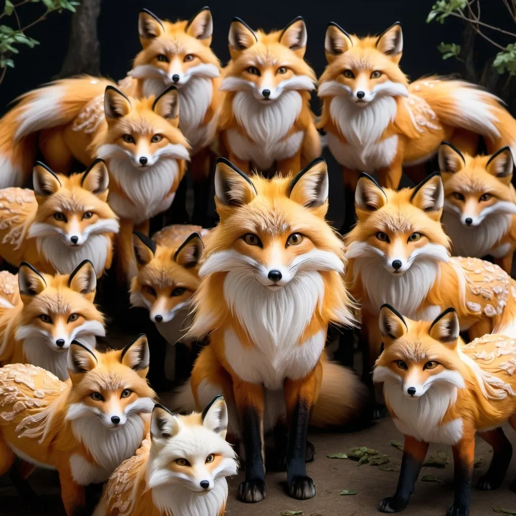 Prompt: Realistic photo of, 8k, ultra-realistic movie photo of multiple nine-tailed foxes with nine thick tails spread like a halo. A majestic looking fox with long flowing fur and nine large, distinct tails beautifully spread. Their golden eyes are sharp and mysterious.