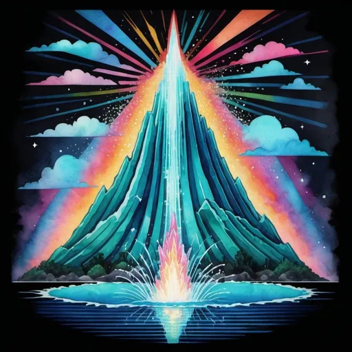 Prompt: 4D pop art deco featuring a water volcano, watercolor style, star aesthetics, turquoise highlights, dark background, minimalism, luminescent, Lisa Frank, Tetsuya Nomura, Terese Nielsen