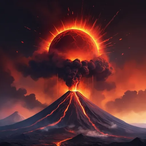 Prompt: a volcano under an Eclipse, vibrant digital painting concept art,