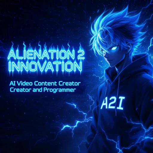Prompt: "Create a futuristic Facebook cover photo (820x312) for the channel 'Alienation 2 Innovation'. The title 'ALIENATION 2 INNOVATION' should appear in electric blue flame text, centered in the upper third. Below it, add the subtitle 'AI Video Content Creator and Programmer' in matching blue, futuristic font, right-aligned.

Use a deep blue, circuit-themed background. On the right, place a highly animated anime-style character with spiky glowing blue hair, wearing a dark hoodie labeled 'A2I'. Include the name 'Barrios' subtly in electric blue text on the hoodie. The character should show movement — wind-blown hair, energy streaks — with a glowing energy aura.

Keep all key text and elements within Facebook’s safe area (640x312 px center). Add glow/shadow effects for clarity and blend text edges into the background. The tone should be bold, cinematic, and tech-focused."