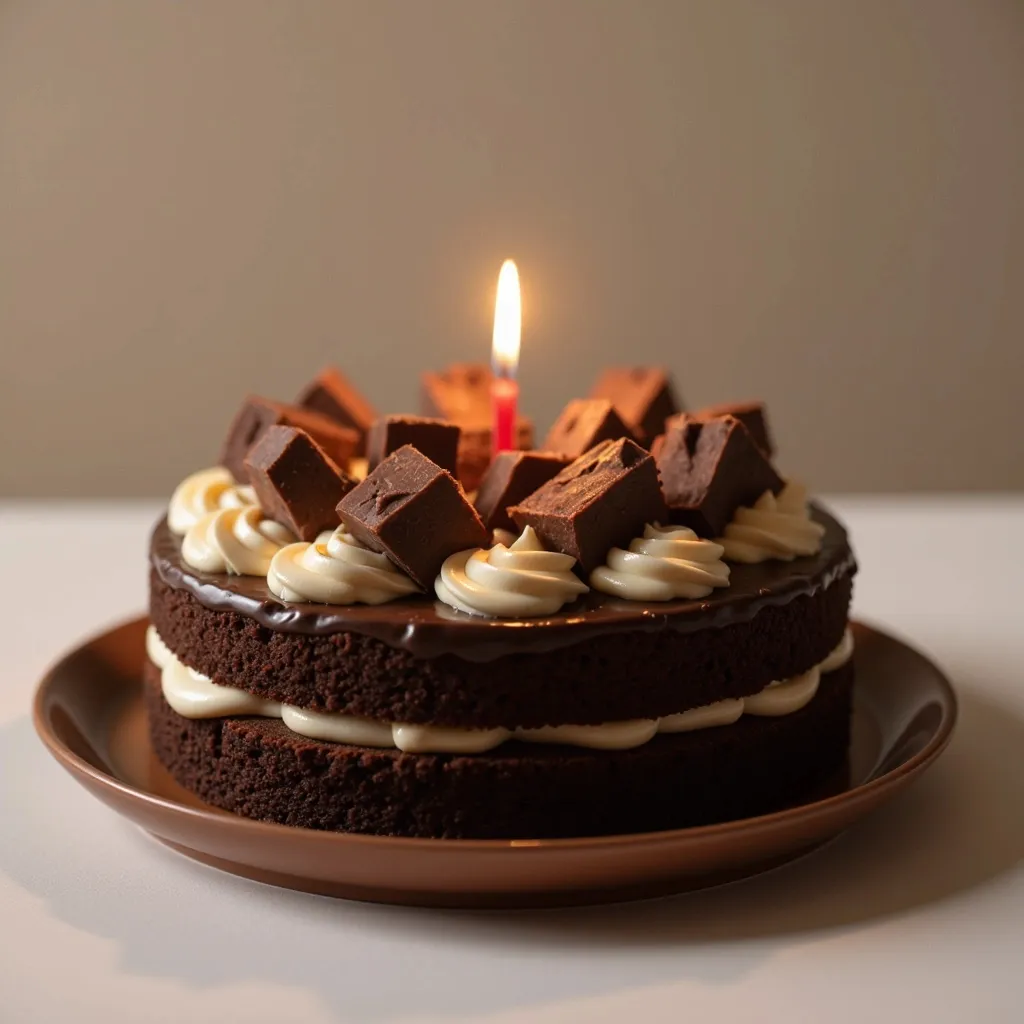 Prompt: make a realistic cake made of chocolate and vanilla,add toppings like diarymilk chocolate cubes and a a single small candle in the middle with glowing