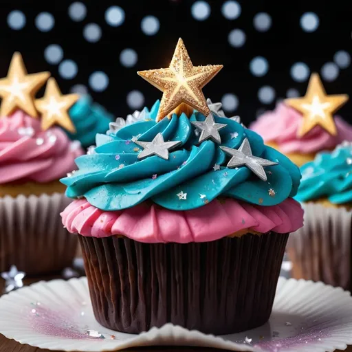 Prompt: star crystals glittering on top of a cup cake
