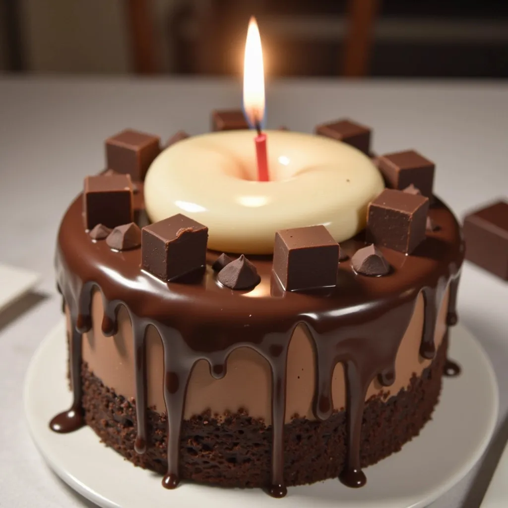 Prompt: make a realistic cake made of chocolate and vanilla,add toppings like diarymilk chocolate cubes and a a single small candle in the middle with glowing