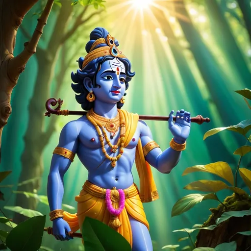 Prompt: lord krishna in a mystical forest around sunlight 