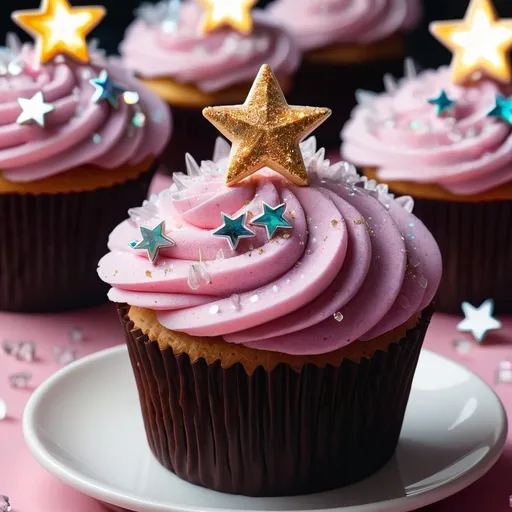 Prompt: star crystals glittering on top of a cup cake
