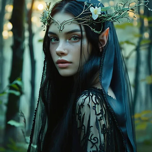 Prompt: (beautiful elven maiden), long black hair, wearing (elegant sheer black priestess robes), gentle expression, enchanting features, intricate details, ethereal atmosphere, mystical forest background, moonlit glow, cool tone, enchanting ambience, high vibrancy, fantasy art, ultra-detailed, reminiscent of an enchanting fairytale.