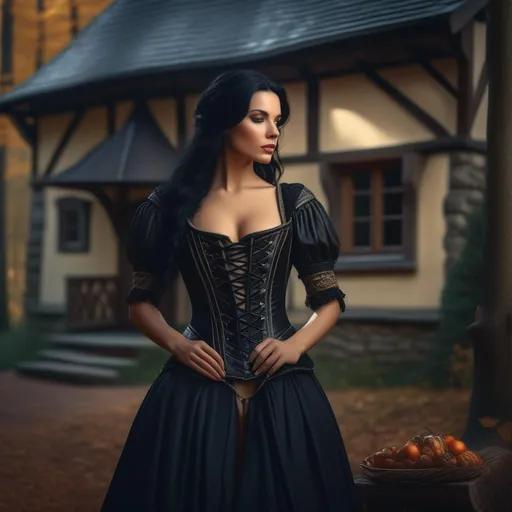 Prompt: Woman with black hair in a medieval dress with a leather corset. Forest in the background with a stone cottage; focus on woman, UHD, hyper-realistic, vivid, striking, photography, cinematic lighting, photo-realistic, 8k, sharp focus, intricate details, trending on artstation