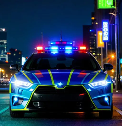 Prompt: Futuristic police car in city at night 