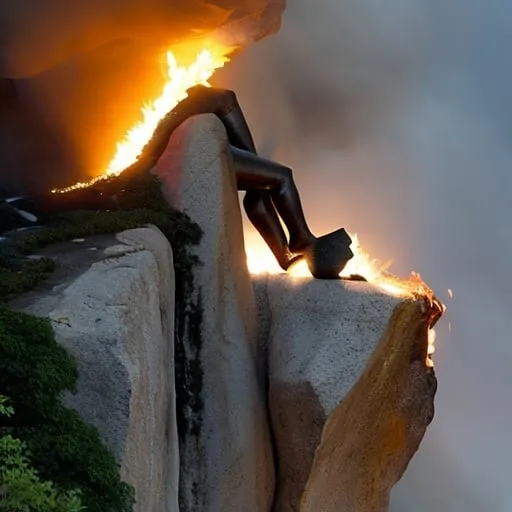 Prompt: A being made of stone on a cliff face on fire