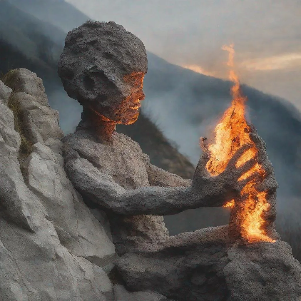 Prompt: A being made of stone on a cliff face on fire