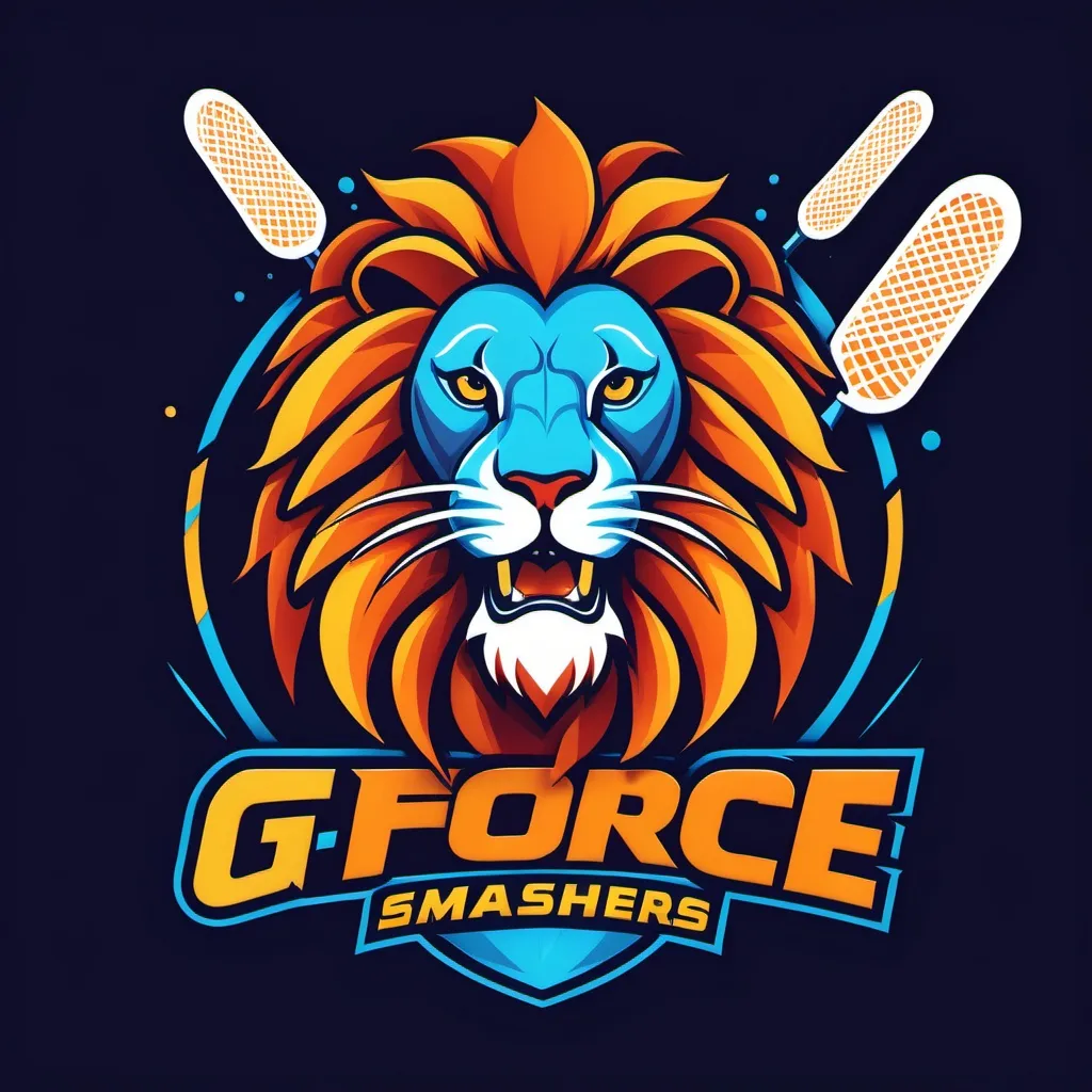 Prompt: A dynamic badminton team logo with bold colors, lion artwork and the words G-Force Smashers