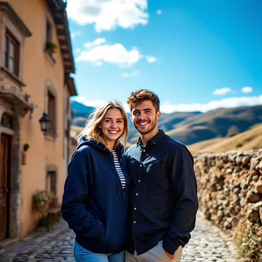 Prompt: Under a clear blue sky, two friends stand closely together on a cobblestone path bordered by rustic buildings, with rolling hills in the background suggesting a serene rural setting. The girl, wearing a navy hoodie and striped top, beams brightly as she poses with the boy, who is dressed in a patterned black shirt and light trousers, his hand casually tucked in his pocket. Their expressions convey warmth and camaraderie, capturing a moment of joy against the backdrop of a sunny day. The gentle sunlight highlights the earthy tones of the surroundings, enhancing the inviting atmosphere of their carefree day out. The image evokes a sense of friendship and exploration in a picturesque locale.
