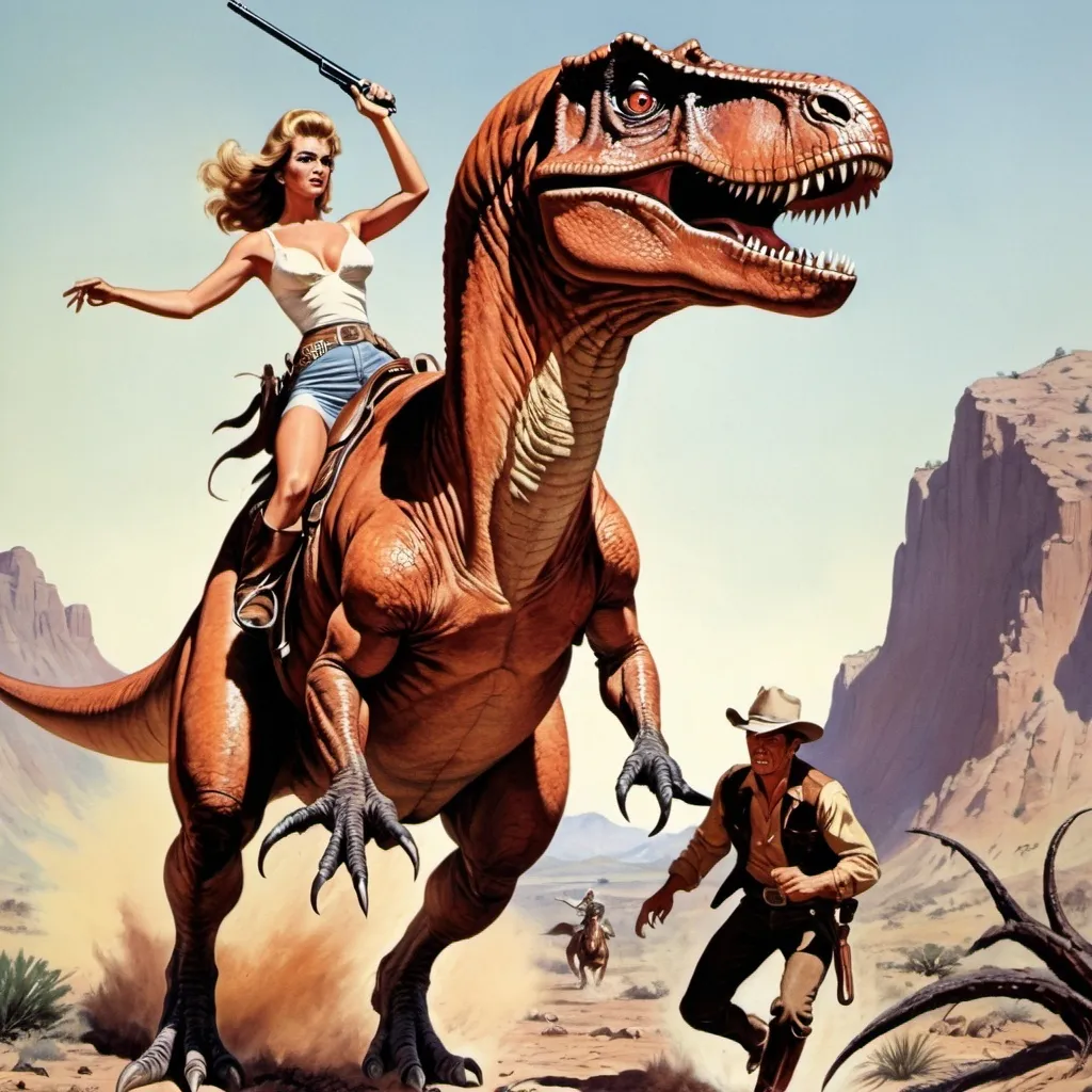 Prompt: 

In the style of Frank McCarthy, a man-eater dinosaur in a Western movie trailer poster from the 1960s, man on horseback saving a femme fatale from said dinosaur.