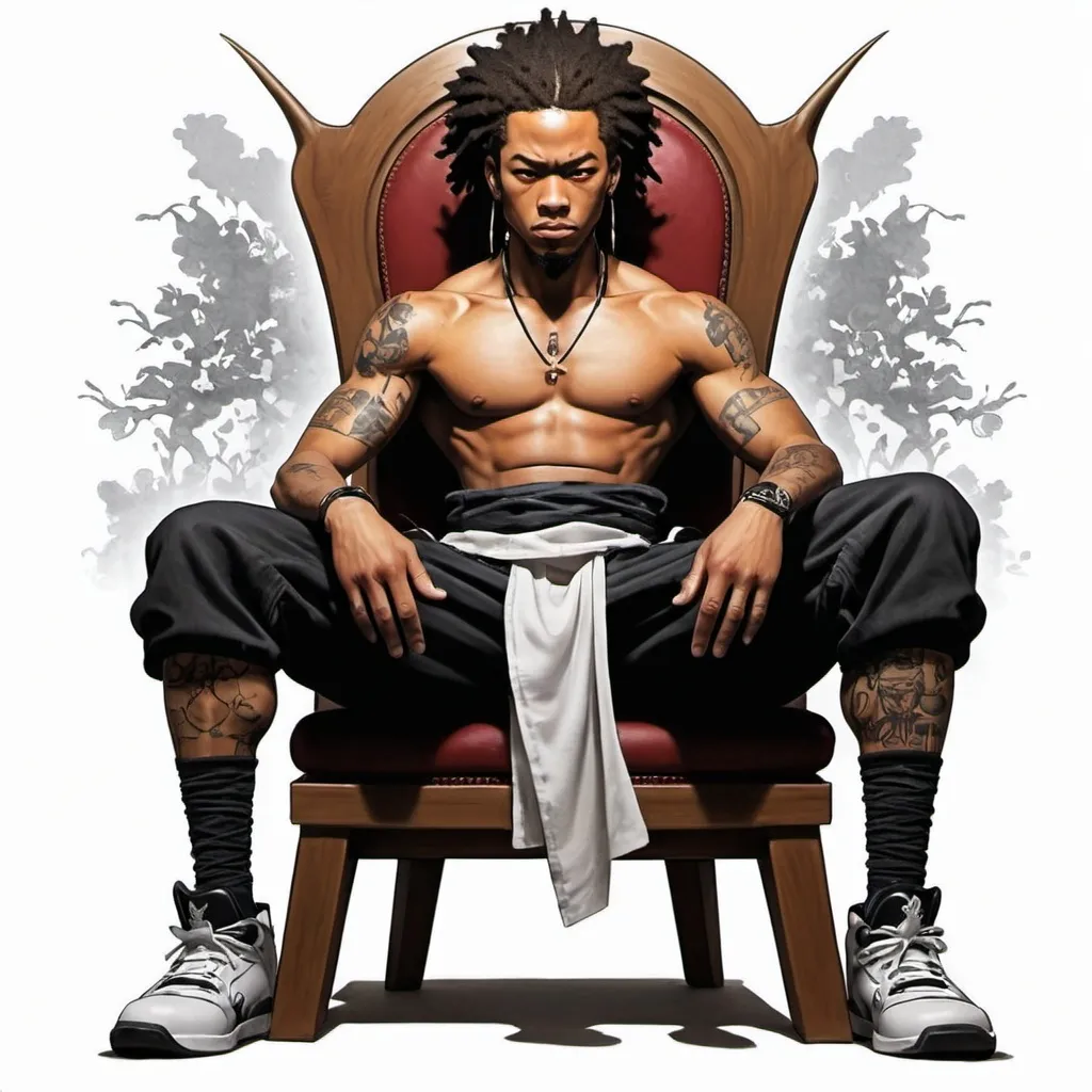 Prompt: 
I
In the Style of Aaron Mcgruder, a Urban (The Boondocks) African American, Male Samurai, With Jordans on his feet, Sitting on a Throne, in a tattoo format.
(This will be an idea for a Tattoo)ron Mcgruder, a Urban (The Boondocks) African American, Male Samurai, With Jordans on his feet, Sitting on a Throne, in a tattoo format.
(This will be an idea for a Tattoo)