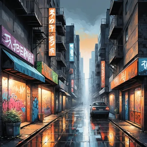 Prompt:  Embrace the urban landscape with a graffiti-style painting of a city street, amplifying texture and grit for a truly immersive experience.  In. Anime look