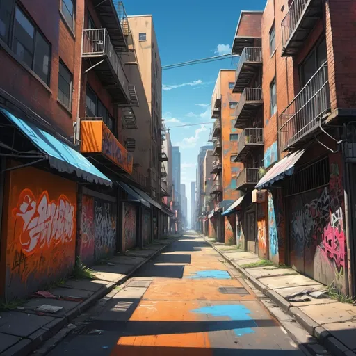 Prompt:  Embrace the urban landscape with a graffiti-style painting of a city street, amplifying texture and grit for a truly immersive experience.  In. Anime look