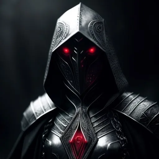 Prompt: Illuminati knight in vapor WoW universe, black and white with red highlights, highres, detailed armor, mysterious atmosphere, fantasy, medieval, intense gaze, glowing red accents, dramatic lighting