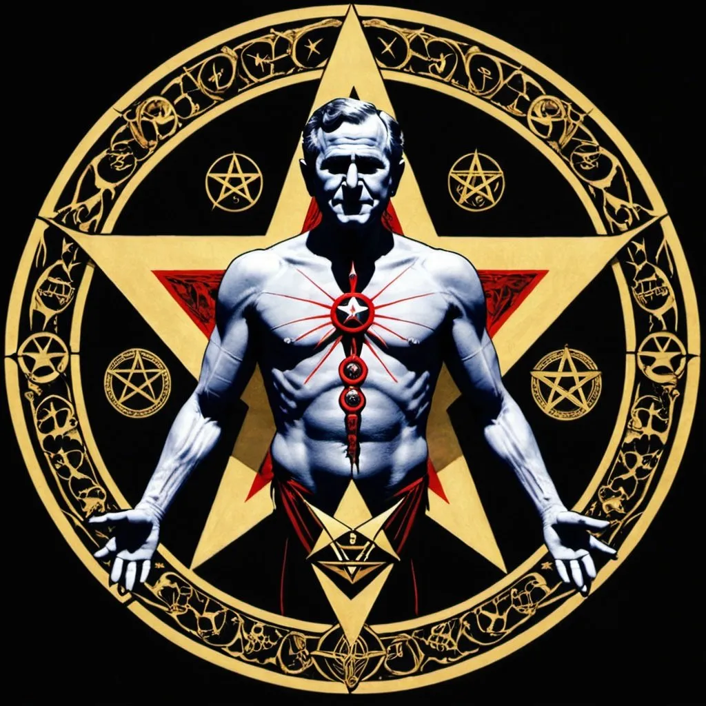 Prompt: George Bush Necromancer summoning Amon-Ra Pentagram