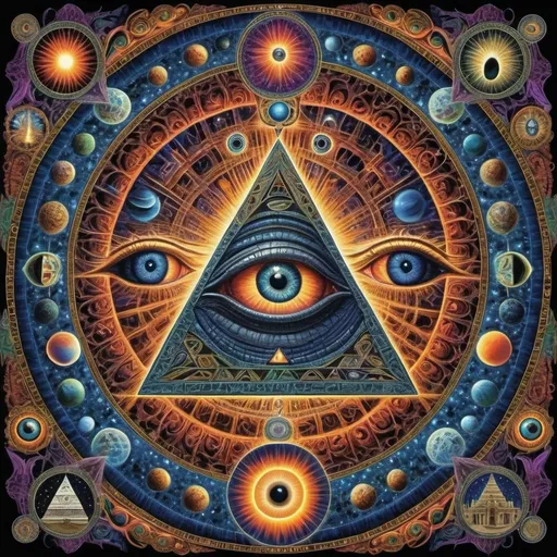 Prompt: Illuminati symbolism, Aliens, Inter dimensional Beings, Enlightenment, surrealism, fractal patterns, hallucinatory, cosmic, mystical, high quality, detailed, vibrant colors, surreal, mystical lighting, ancient architecture, detailed symbols, elaborate, surrealism art, surrealistic, intricate fractals, cosmic enlightenment, vibrant hues, mysterious atmosphere