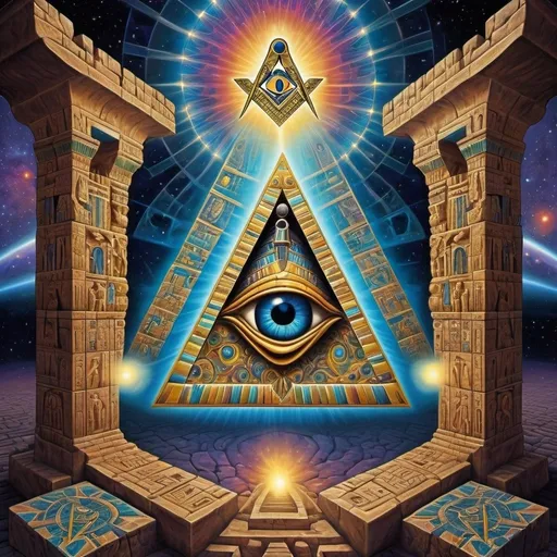 Prompt: Enlightenment, surrealism, Freemason symbolism, ancient Egypt, fractal patterns, hallucinatory, cosmic, mystical, high quality, detailed, vibrant colors, surreal, mystical lighting, ancient architecture, detailed symbols, elaborate, surrealism art, surrealistic, intricate fractals, cosmic enlightenment, vibrant hues, mysterious atmosphere