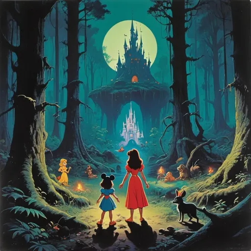 Prompt: disney 1970s dark fantasy in the middle of a forrest
