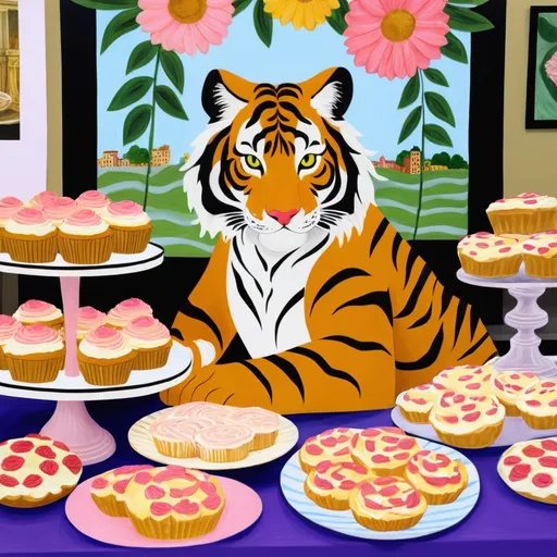 Prompt: Sandro Botticelli style tiger at a bake sale 
