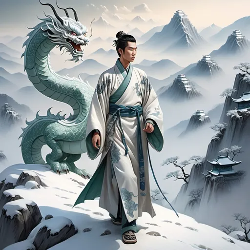 Prompt: Imagine a young man dressed in traditional Chinese attire, such as a long white robe with intricate patterns, and soft shoes, standing on top of a snow-covered mountain.he stands still, his posture showing determination and serenity, even in the harsh conditions.hanging on his side a silver sword with baby blueish dragon pattern and on his other side,a jade butterfly pendant there are thousand stairs from the top of the mountain till down and people are standing there,watching him and the red little phoenix in front of him,bowing and cheering