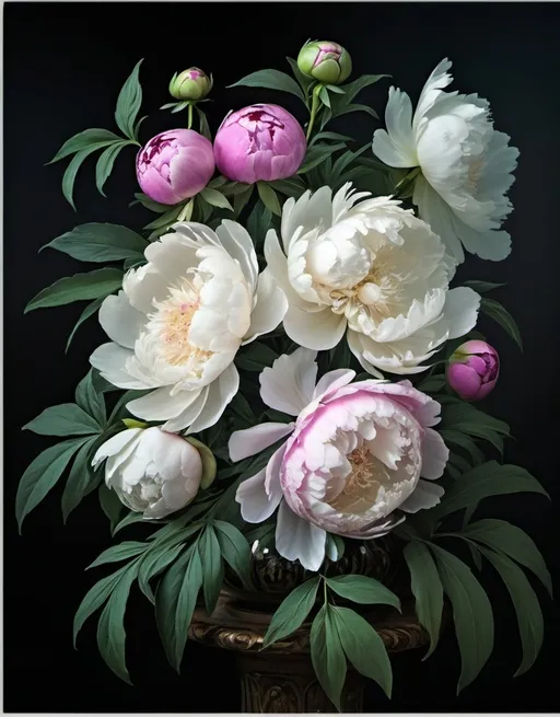 Prompt: (cascade of flowers), timeless (rococo style) composition, (still life) arrangement, sumptuous bright white and light pink peonies, light magenta peonies accents, lush large-leaved foliage in sage green and blue-green, dramatic black background, captivating slight sepia tone, ultra-detailed, rich textures, soft lighting that enhances florals, enchanting and elegant atmosphere, high-quality art piece.