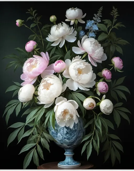 Prompt: (cascade of flowers), timeless (rococo style) composition, (still life) arrangement, sumptuous bright white and light pink peonies, light magenta peonies accents, lush large-leaved foliage in sage green and blue-green, dramatic black background, captivating slight sepia tone, ultra-detailed, rich textures, soft lighting that enhances florals, enchanting and elegant atmosphere, high-quality art piece.