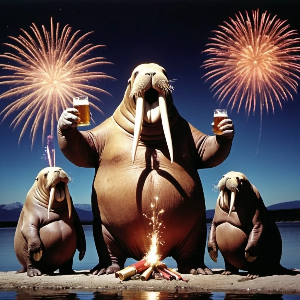 Prompt: walrus family, walrus on two legs,    lighting off fire works, tusks, fireworks, beer, 80's,