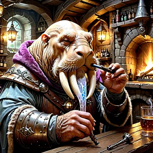 Prompt: Graying walrus in detailed armor, old wizard drinking and passing a pipe, fantasy bar with fireplace and fairies, high quality, detailed fantasy art, medieval fantasy, warm lighting, cozy ambiance, fairy tale, intricate details, magical atmosphere, old-fashioned, armor details, majestic walrus, mystical, atmospheric lighting, fantasy setting, detailed characters, fantasy creatures, cozy setting, medieval, magical realism