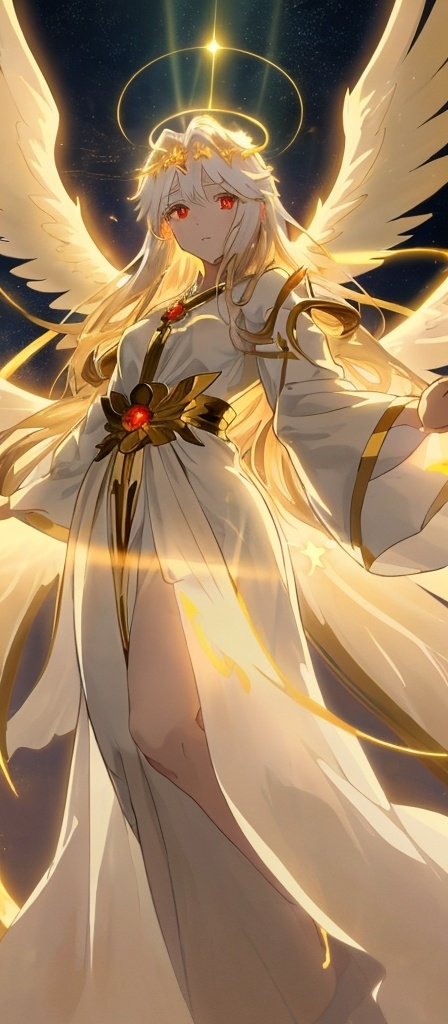 Prompt: Anime-style illustration of a serene angelic figure, radiant wings with a celestial glow, ethereal dark robes flowing gracefully, heavenly halo emitting dark golden light, serene expression with red eyes, divine aura, high-quality, angelic, anime, ethereal, serene, radiant wings, celestial glow, heavenly halo, gentle eyes, golden light, white flowing robes boy short dark hair happy with a somewhat evil face