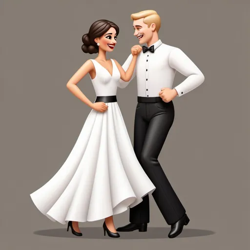 Prompt: An emoji of couple doing a salsa dance where a young white man wears white and black formals shaved and no moustache and neat and the young woman wears a white long frock