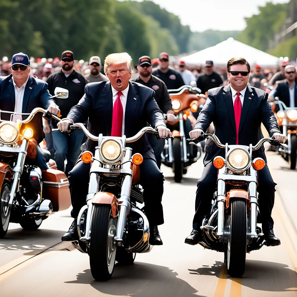 Prompt: donald trump and j. d. vance riding harley davidson, leading a trump train.