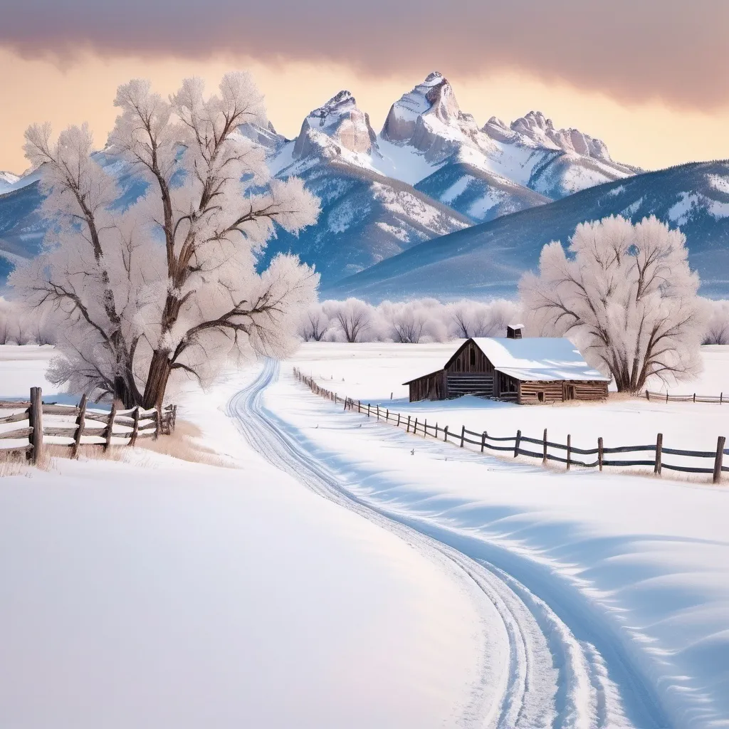 Prompt: A four way intersection of four old narrow dirt roads in  a snow covered landscape with mountains in the background. set against the backdrop of olden day rural Wyoming winter. Snow, snow, snow