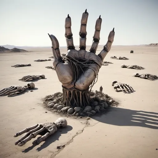 Prompt: a giant hand made of corpses hovering over a barren wasteland of corpses and dead soldiers